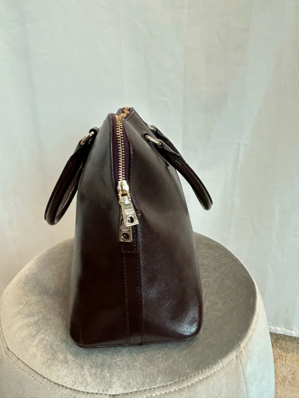 DKNY Dark Brown Saffiano Leather Satchel with Gold Plaque